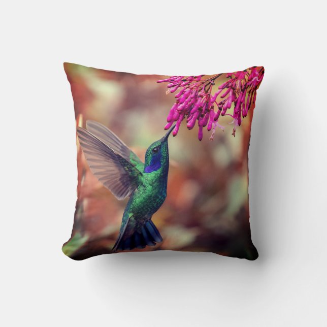 Cojín Decorativo Flores rosadas del colibrí verde oscuro (Anverso)