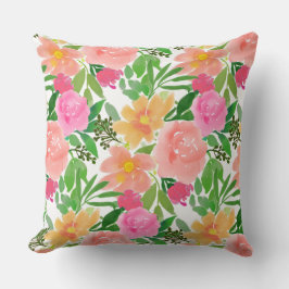 Cojín Decorativo Flores rosadas en acuarela sobre fondo blanco