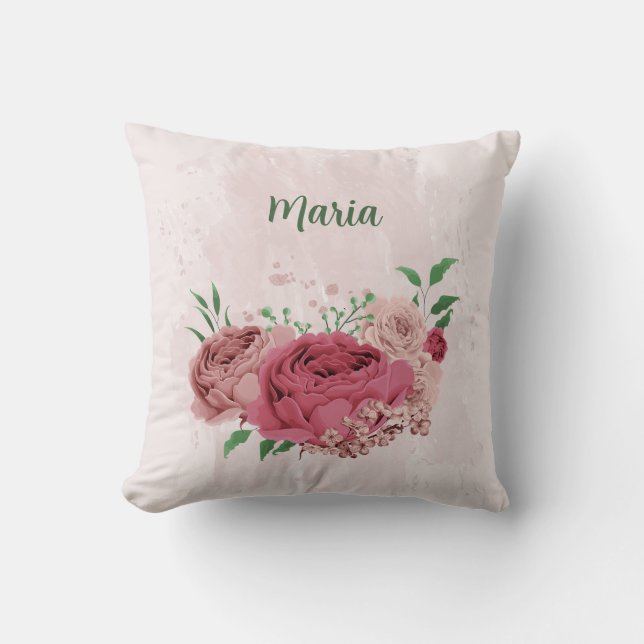 Cojín Decorativo flores rosadas hojas verdes  (Anverso)