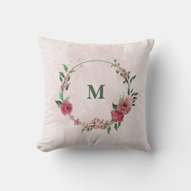 Cojín Decorativo flores rosadas hojas verdes  (Anverso)
