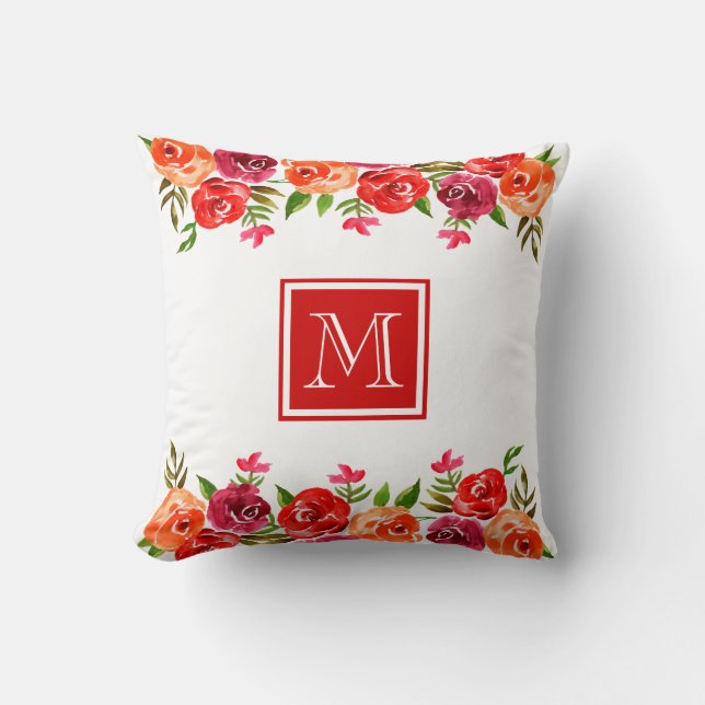 Cojín Decorativo Flores rosadas Naranjas rojas monogramadas (Anverso)