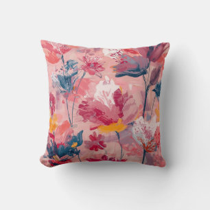 Cojín Decorativo Flores rosadas pinceladas pintadas patrón botánico