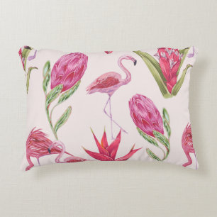 Cojín Decorativo Flores rosadas tropicales, protea, pájaro del para