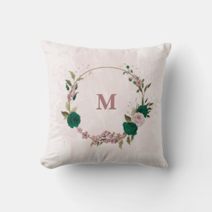 Cojín Decorativo flores rosadas verde esmeralda