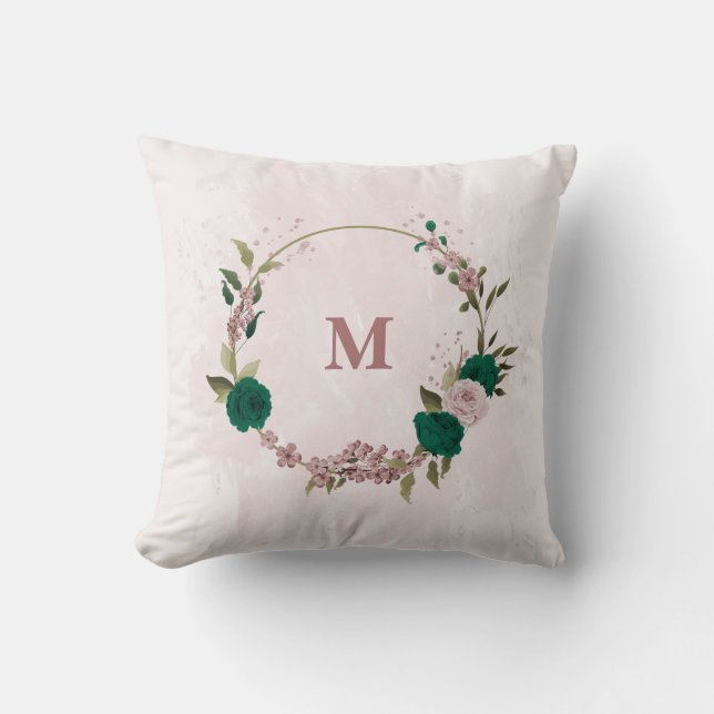 Cojín Decorativo flores rosadas verde esmeralda (Anverso)