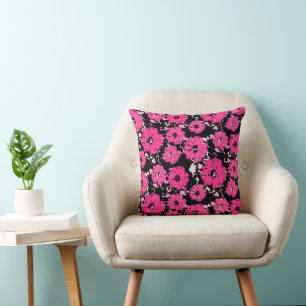Cojín Decorativo Flores rosadas vibrantes artísticas en flor negra