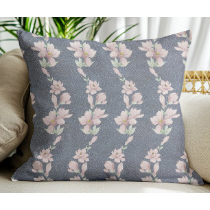 Cojín Decorativo Flores rosas finas sobre el Denim Azul Jean