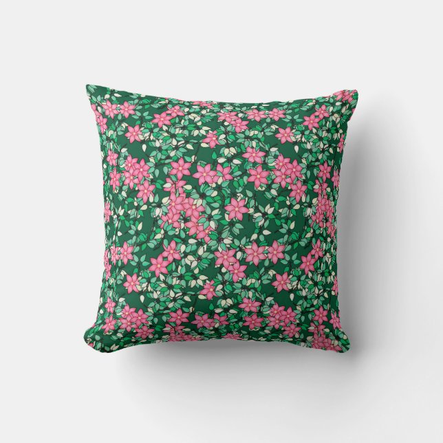 Cojín Decorativo Flores rosas, fondo verde oscuro (Anverso)