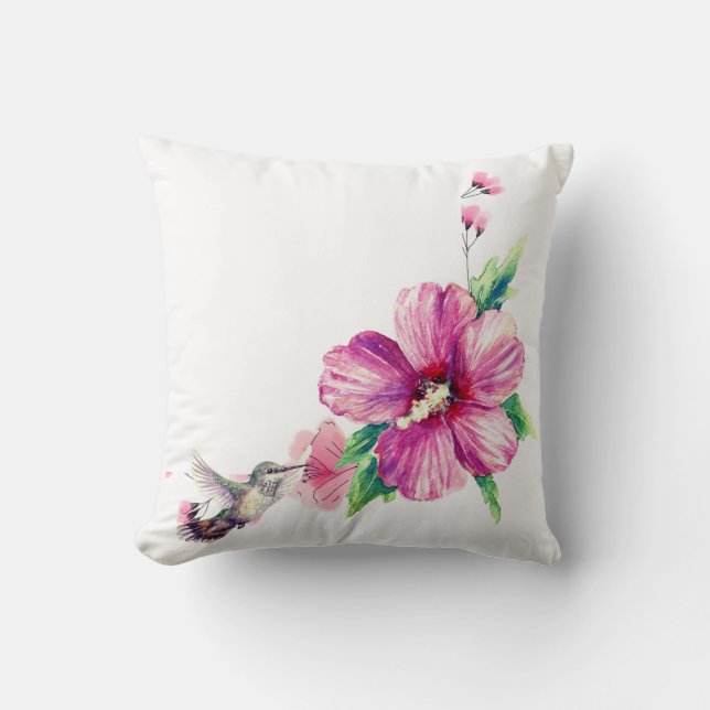 Cojín Decorativo Flores rosas Hummingbird acuarela decorativa (Anverso)
