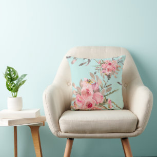 Cojín Decorativo Flores rosas Rubor en azul claro