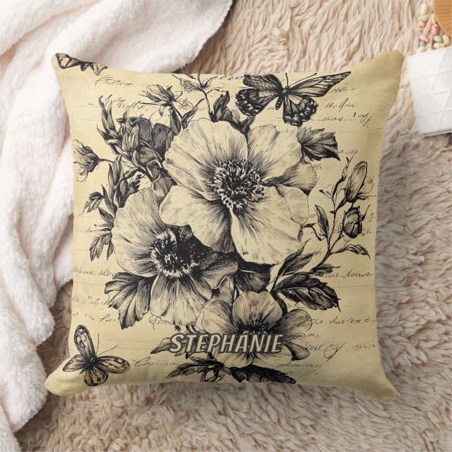 Cojín Decorativo Flores rusticas y mariposa - Papel de edad (9) (Manta)