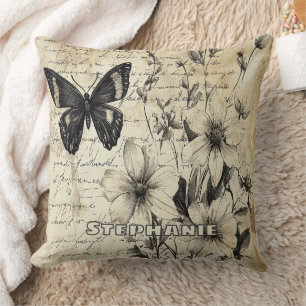 Cojín Decorativo Flores Rústicas y Mariposa - Papel Envejecido
