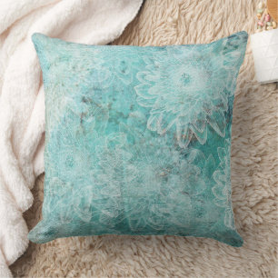 Cojín Decorativo Flores Selladas Fondo Azul Teal