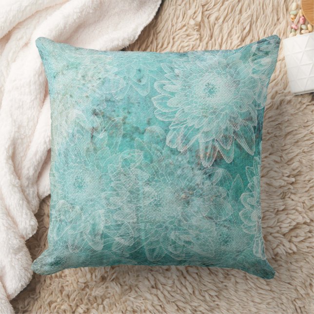 Cojín Decorativo Flores Selladas Fondo Azul Teal (Manta)