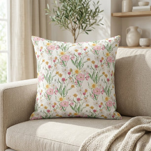 Cojín Decorativo Flores silvestres acuarela rosa verde