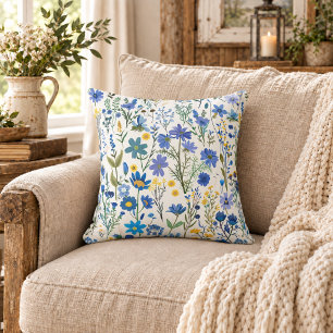 Cojín Decorativo Flores silvestres azules rústicas francesas de jar
