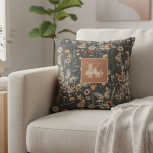 Cojín Decorativo Flores silvestres bohemias monogramadas de gris ca