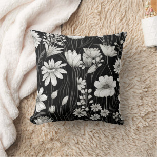 Cojín Decorativo Flores Silvestres Botánicas Blancas Negras