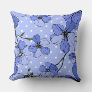 Cojín Decorativo Flores silvestres de lino azul vectorial puntos de