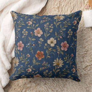 Cojín Decorativo Flores silvestres lisas bordadas sobre fondo de me