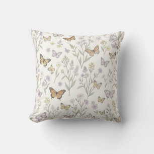Cojín Decorativo Flores silvestres mariposas prado botánico pastel