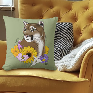 Cojín Decorativo Flores silvestres Puma León de Montaña Puma