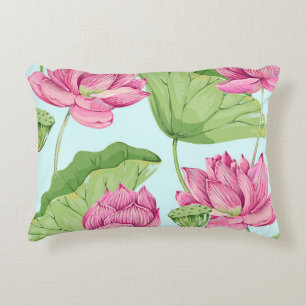 Cojín Decorativo Flores tropicales, hojas, loto rosado, lirio acuát