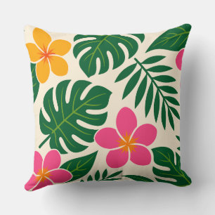 Cojín Decorativo Flores tropicales naranjas y rosas con hojas verde
