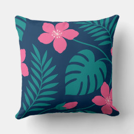 Cojín Decorativo Flores Tropicales Rosadas y Diseño de Follaje Verd