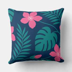 Cojín Decorativo Flores Tropicales Rosadas y Diseño de Follaje Verd