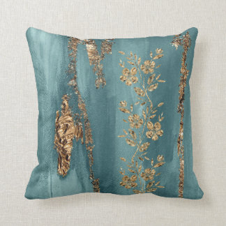 Cojín Decorativo Flores turquesa y Relieve metalizado dorado