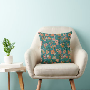 Cojín Decorativo Flores Verde azuladas de moda Naranja