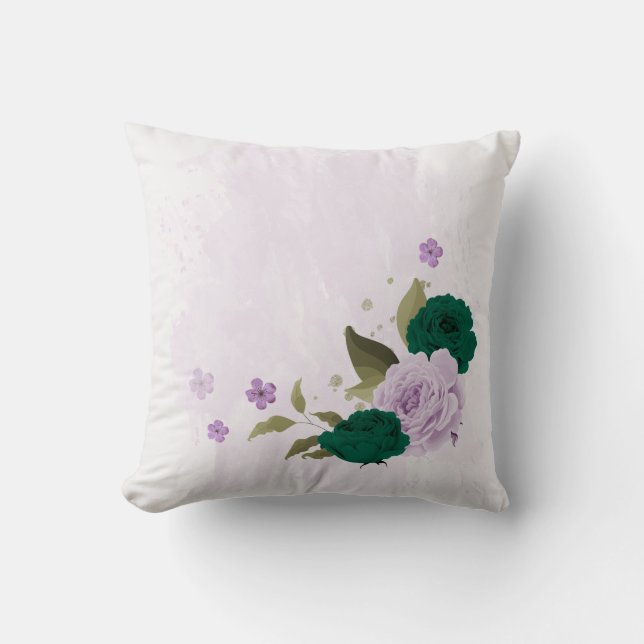 Cojín Decorativo flores verdes esmeralda y púrpura (Anverso)