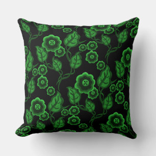 Cojín Decorativo Flores verdes, hojas verdes, arte folclórico/negro