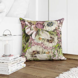 Cojín Decorativo Flores verdes y grises blancas de esmeralda rosa