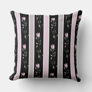 Cojín Decorativo Flores vintage con patrón de rayas en negro y rosa