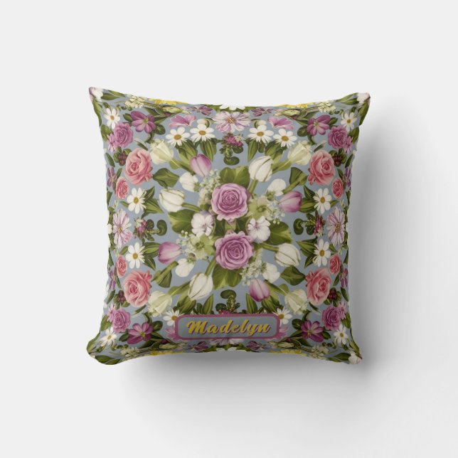 Cojín Decorativo Flores Violetas Blancas Y Rosa (Anverso)