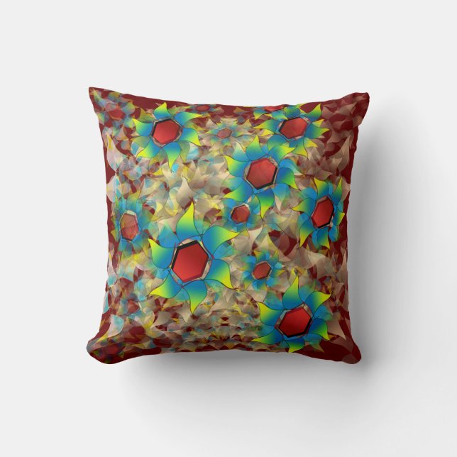 Cojín Decorativo Flores virtuales raras, pétalos azulados sobre roj (Anverso)