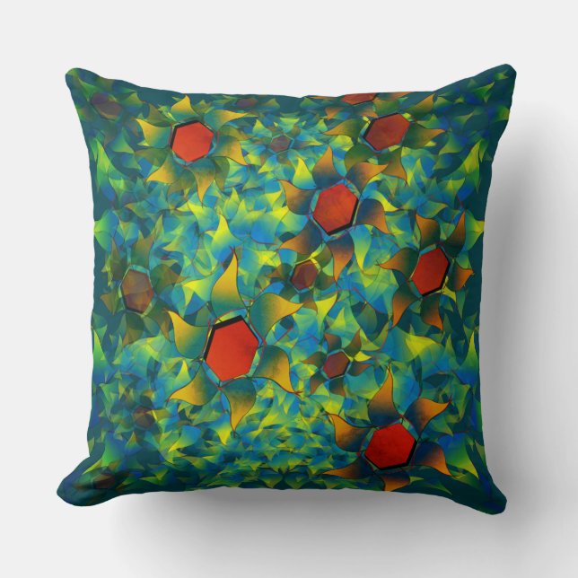 Cojín Decorativo Flores virtuales raras, pétalos quemados en cian o (Anverso)