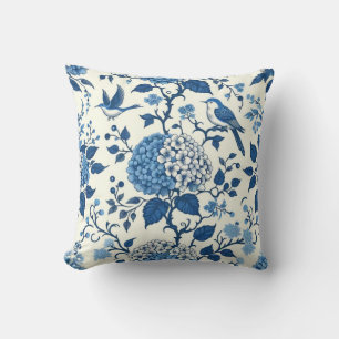 Cojín Decorativo Flores y aves azules y blancas de Chinoiserie