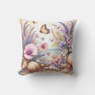 Cojín Decorativo Flores y conchas acuáticas en colores pastel
