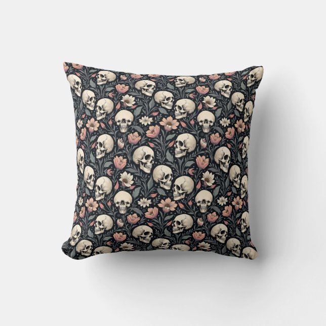 Cojín Decorativo Flores y cráneos rosados turbios (Anverso)
