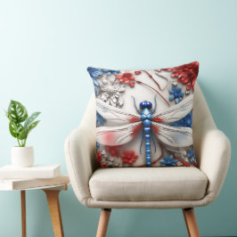COJÍN DECORATIVO FLORES Y DRAGONFLIES DE AZUL BLANCO PATRIOTA