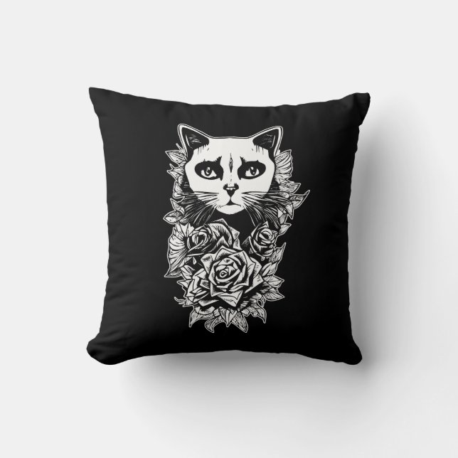Cojín Decorativo Flores Y Gato Gótico (Anverso)