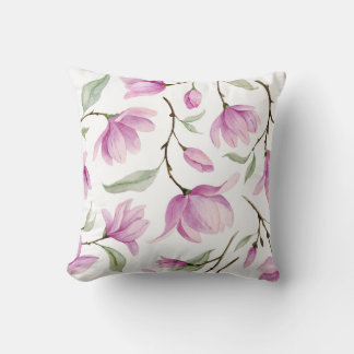 Cojín Decorativo Flores y hojas de magnolia rosa de color de agua