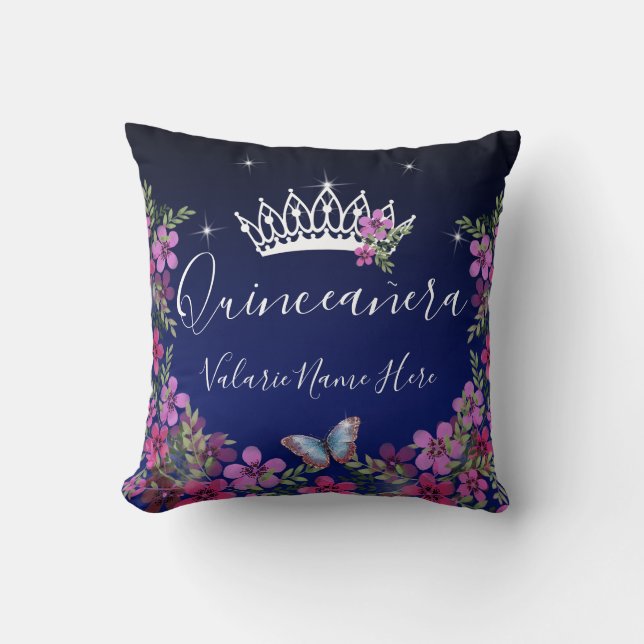 Cojín Decorativo Flores y mariposa Quinceanera Azul (Anverso)