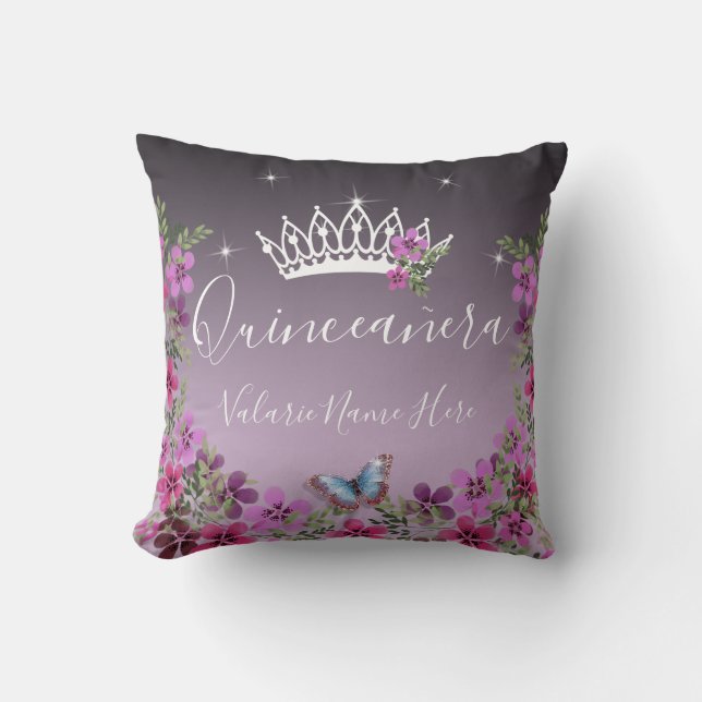 Cojín Decorativo Flores y mariposa Quinceanera Purple (Anverso)