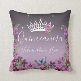 Cojín Decorativo Flores y mariposa Quinceanera Purple