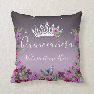 Cojín Decorativo Flores y mariposa Quinceanera Purple