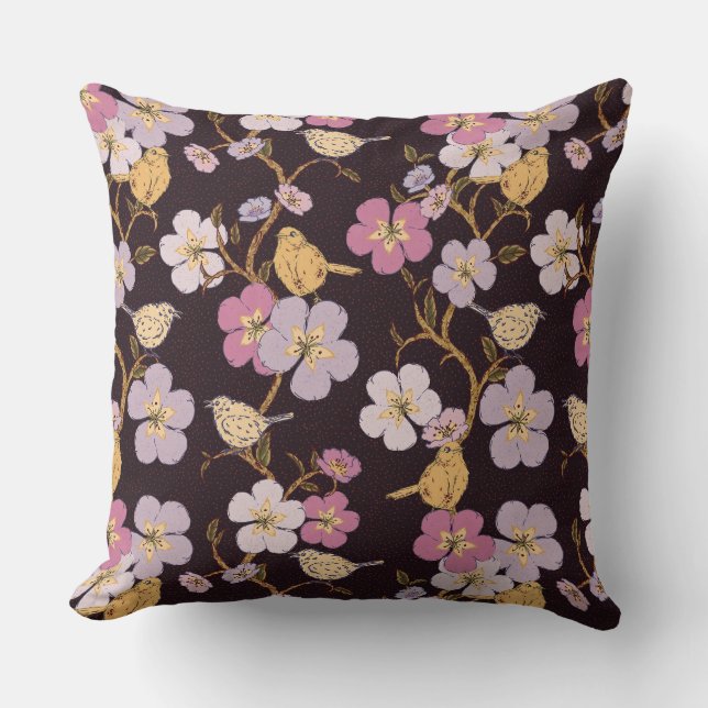 Cojín Decorativo Flores y pájaros para el sendero caprichoso - Negr (Anverso)